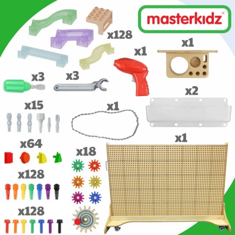 Masterkidz MASTERKIDZ Wolnostojąca Tablica Ściana STEM 166 x 125 cm + Akcesoria Kołki Zębatki Klocki Narzędzia Tor Kulkowy