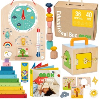 Tooky Toy Edukacyjne Pudełko Montessori Układanka Liczydło Tablica Pogody 6w1 od 3 Lat
