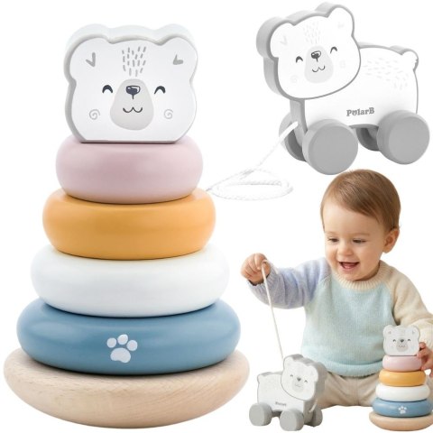 Viga Toys Viga PolarB ZESTAW Drewniana Piramidka + Miś na Sznurku 12m+