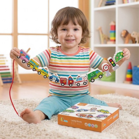 Viga Toys VIGA Drewniane Klocki Drewniane Przeplatanka Sznurowanka Samochody