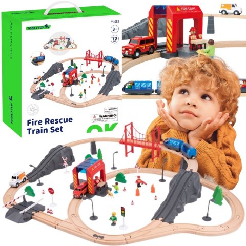 Tooky Toy Tooky Toy Drewniana Kolejka Elektryczna Straż Pożarna Efekty Dźwiękowe 70 el. FSC