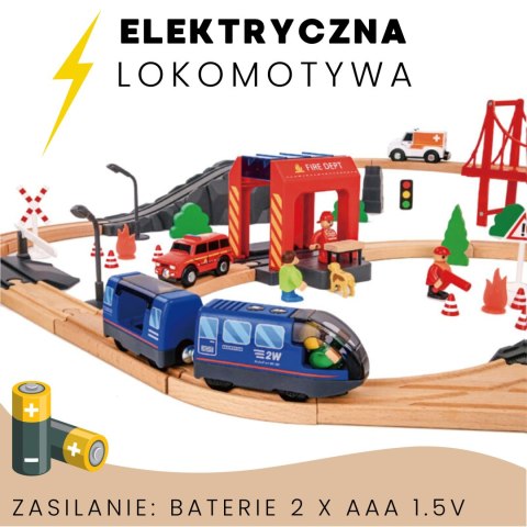 Tooky Toy Tooky Toy Drewniana Kolejka Elektryczna Straż Pożarna Efekty Dźwiękowe 70 el. FSC