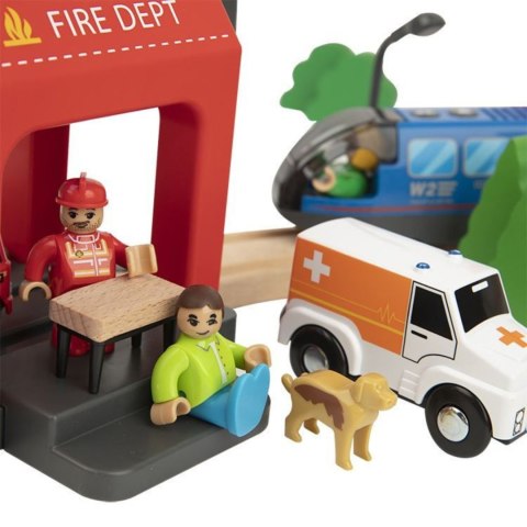 Tooky Toy Tooky Toy Drewniana Kolejka Elektryczna Straż Pożarna Efekty Dźwiękowe 70 el. FSC
