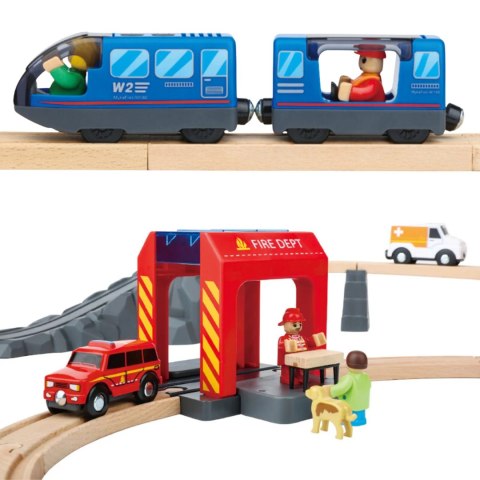 Tooky Toy Tooky Toy Drewniana Kolejka Elektryczna Straż Pożarna Efekty Dźwiękowe 70 el. FSC