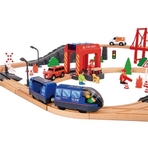 Tooky Toy Tooky Toy Drewniana Kolejka Elektryczna Straż Pożarna Efekty Dźwiękowe 70 el. FSC