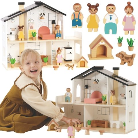 Tooky Toy TOOKY TOY Drewniany Domek dla Lalek z Akcesoriami i Rodzinką 20 el.