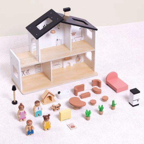Tooky Toy TOOKY TOY Drewniany Domek dla Lalek z Akcesoriami i Rodzinką 20 el.