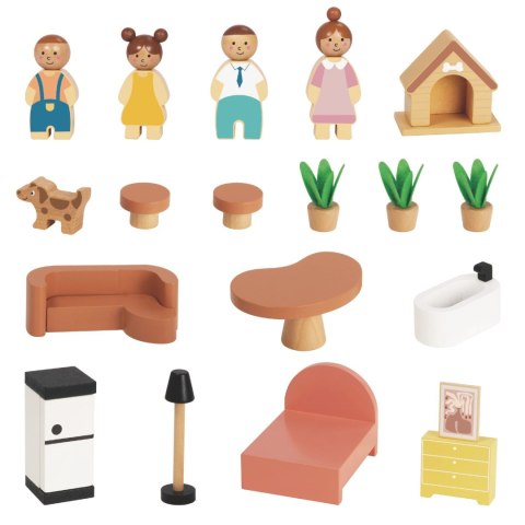 Tooky Toy TOOKY TOY Drewniany Domek dla Lalek z Akcesoriami i Rodzinką 20 el.