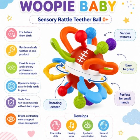 Woopie Baby WOOPIE BABY Grzechotka Gryzak Sensoryczny Piłka dla Niemowląt Edukacyjna 0+ Miękka