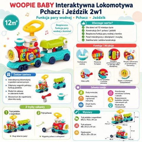 Woopie Baby WOOPIE BABY Lokomotywa Pchacz Jeździk 2w1 Interaktywny Pociąg