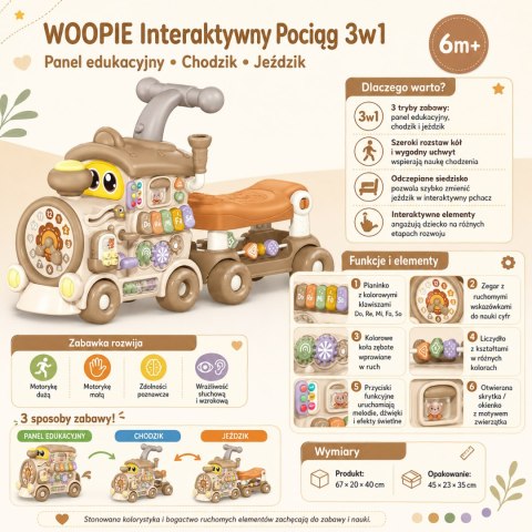 Woopie WOOPIE Interaktywny Pociąg Jeździk Pchacz 3w1 Edukacyjny Grający Światło