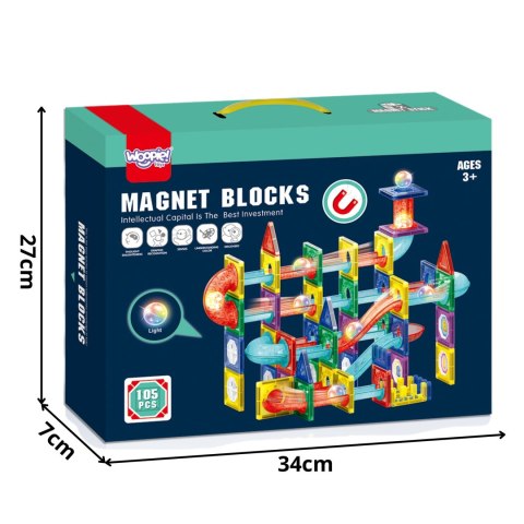 Woopie WOOPIE Klocki Magnetyczne Konstrukcyjne 3D Zestaw Edukacyjny Tor Kulkowy 105el.