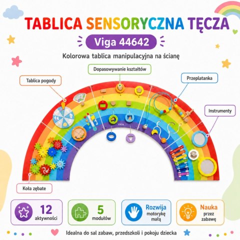 Viga Toys VIGA Drewniana Tablica Sensoryczno-Manipulacyjna EDU Tęcza Certyfikat FSC