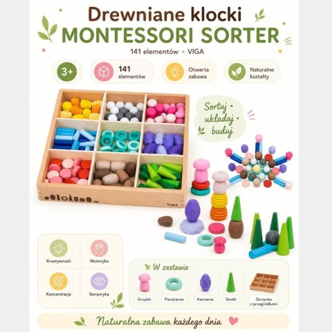 Viga Toys VIGA Klocki Drewniane Edukacyjne Układanka Montesori Sorter 141el.