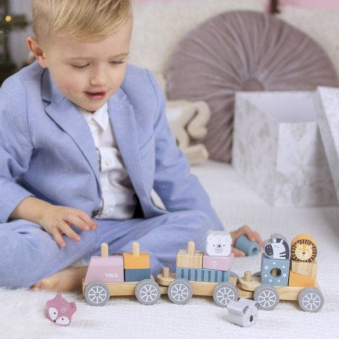 VIGA PolarB Drewniana Kolejka z Wagonikami i Zwierzątkami Do Układania Montessori